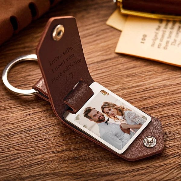 Porte-clés personnalisé en cuir avec photo et texte Cadeau d'anniversaire pour couple